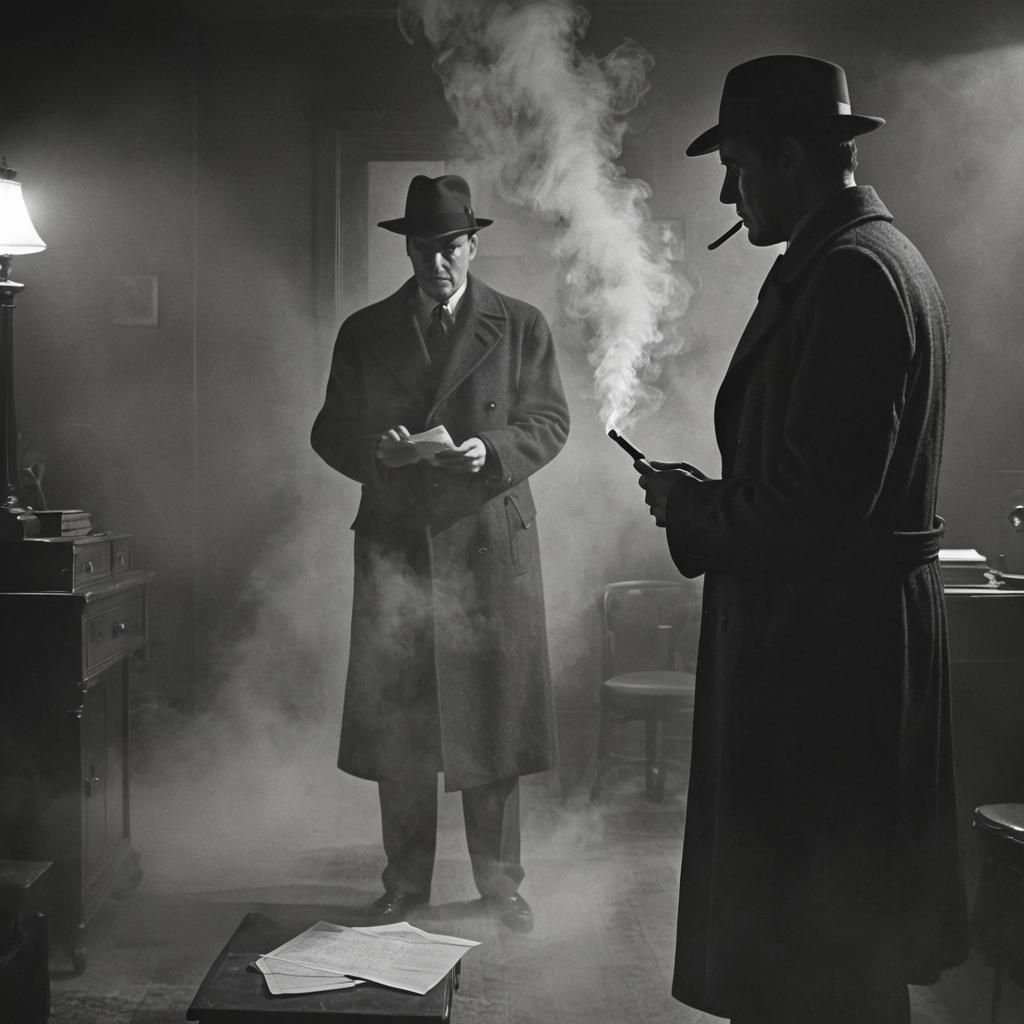 Moody Film Noir Detective Examines Clues in a Smoky Room