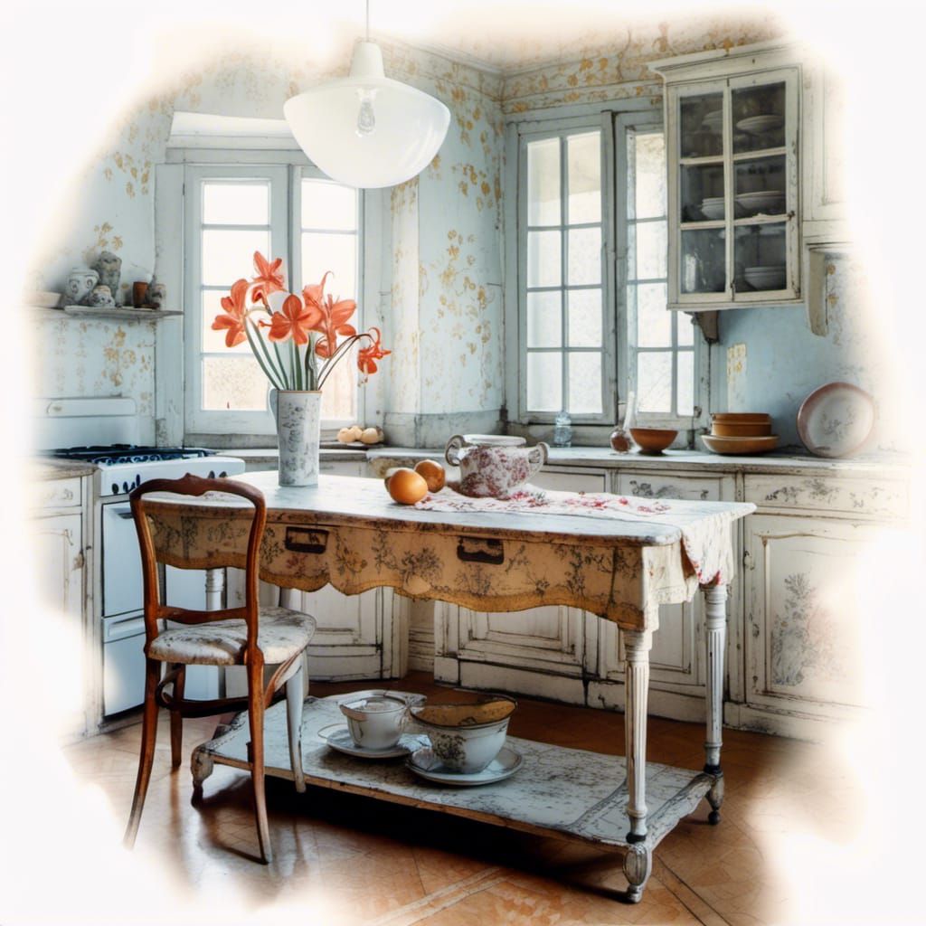Kitchen in Watercolor Double Exposure with Toile de Jouy