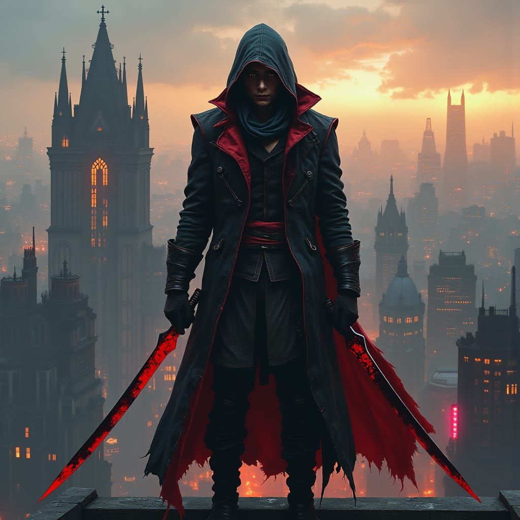 Dystopian Assassin on Rooftop with Serrated Blades