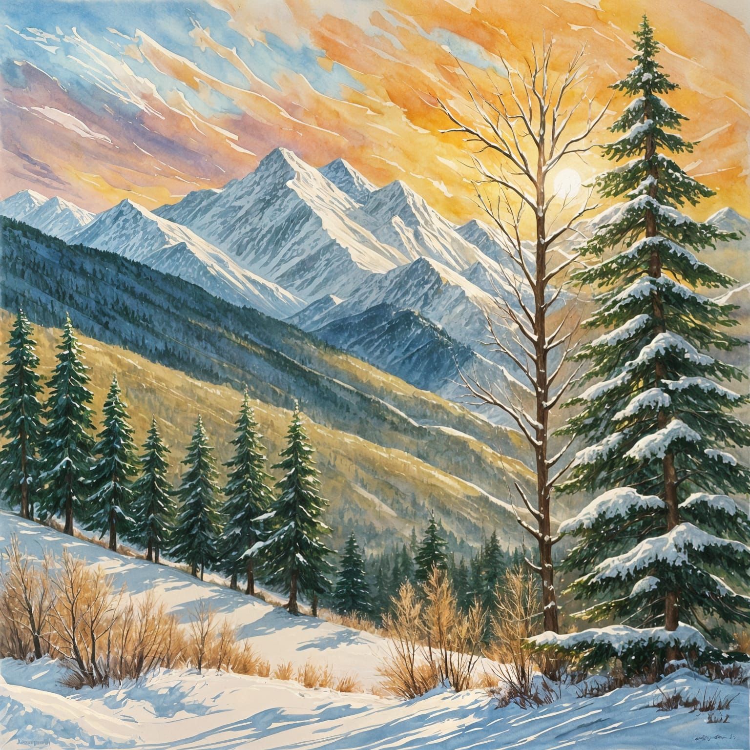 Winter Sunset: Bare Tree in Gouache Style