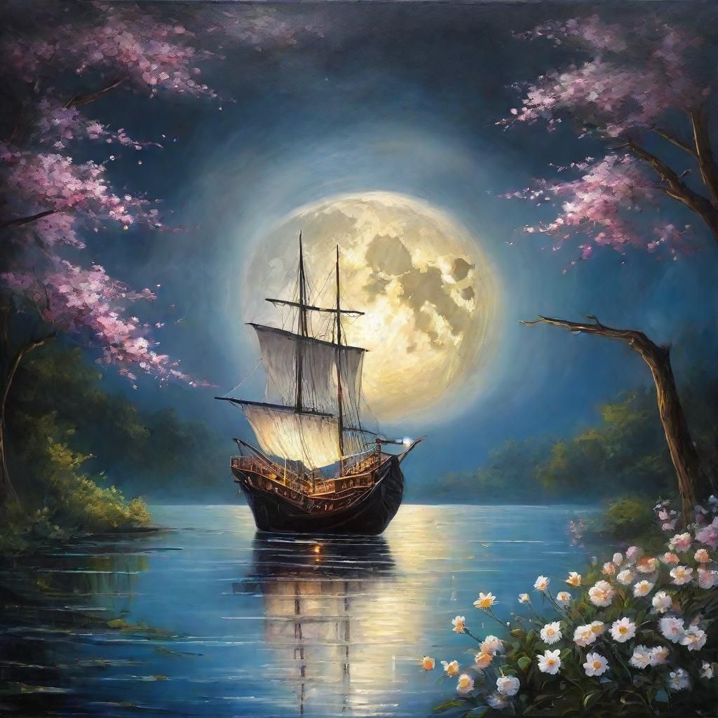 Ethereal Moonlit Ship in Oil Painting Style