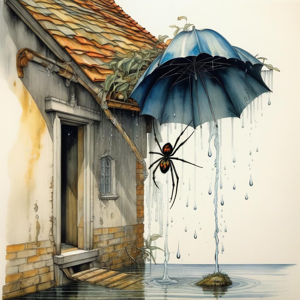 Spider Climbs Rainy Drainpipe: Surrealist Watercolor