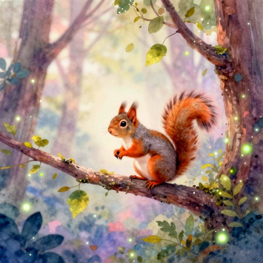 Curious Squirrel in Pastel Dream-Forest