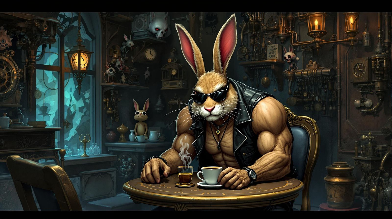 Musclebound Jackrabbit Sips Coffee in Gothic Coffee Shop