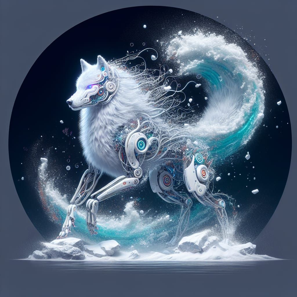 Icy Cyborg Wolf in Japanese Woodblock Style