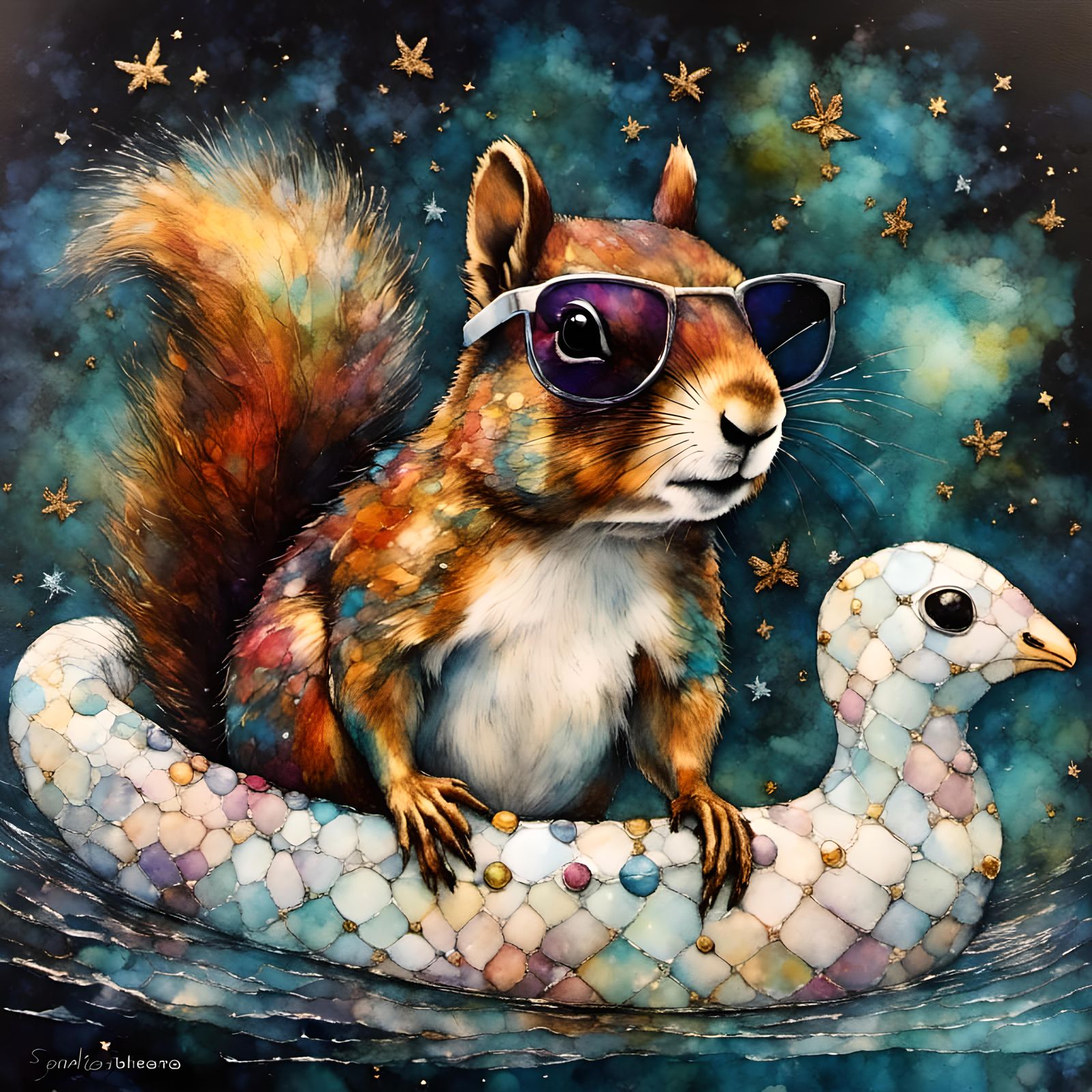 Whimsical Squirrel in Sunglasses on Swan Floatie Collage