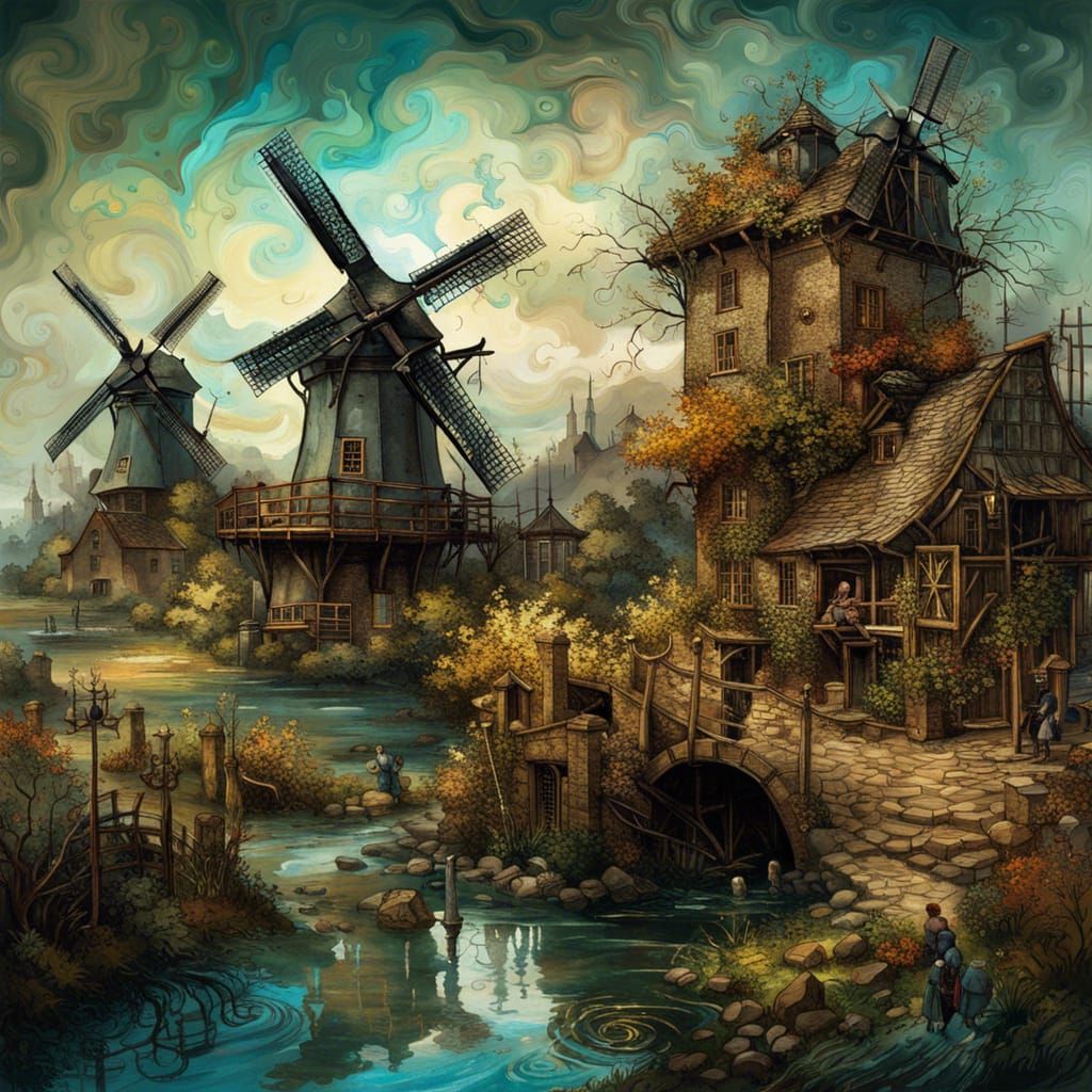Dutch Windmills in Fantasycore Graffiti Art