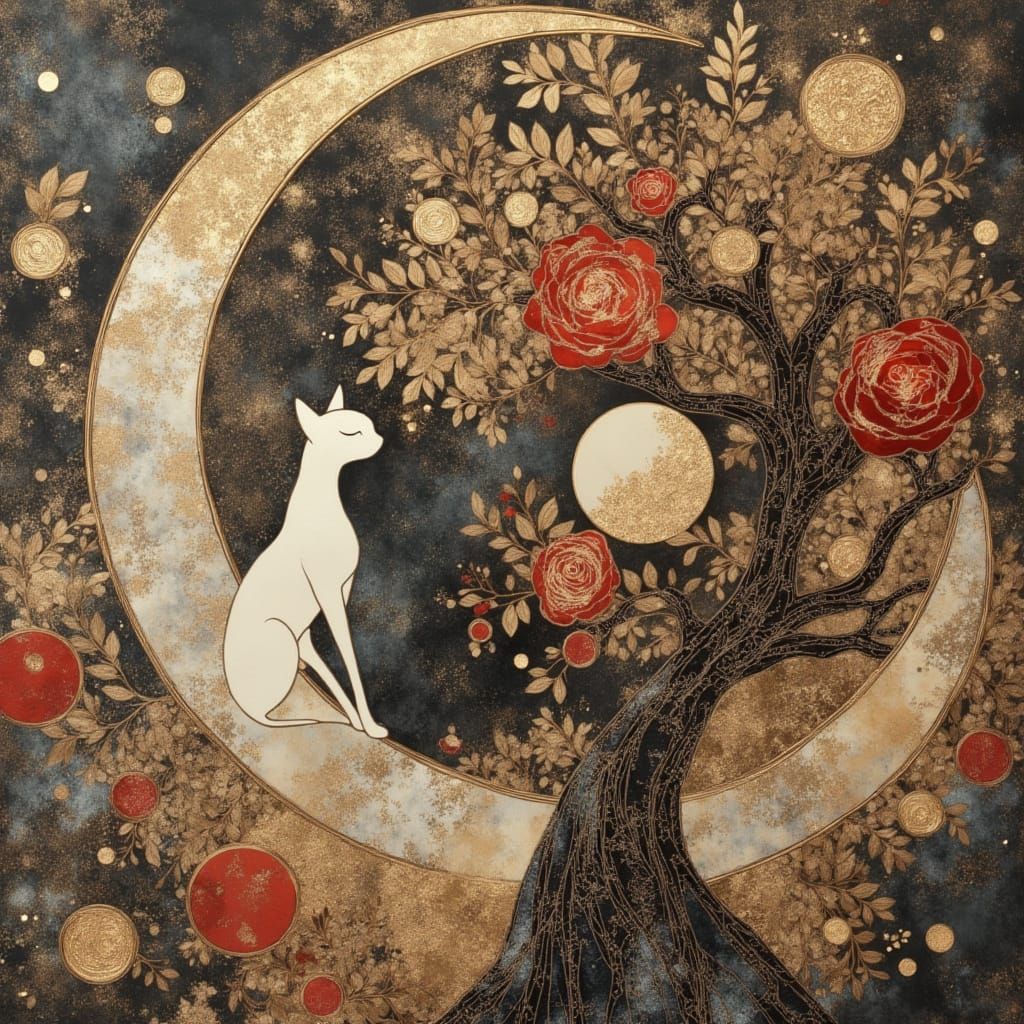 Abstract Stone Texture with Gold Leaf Cat Design