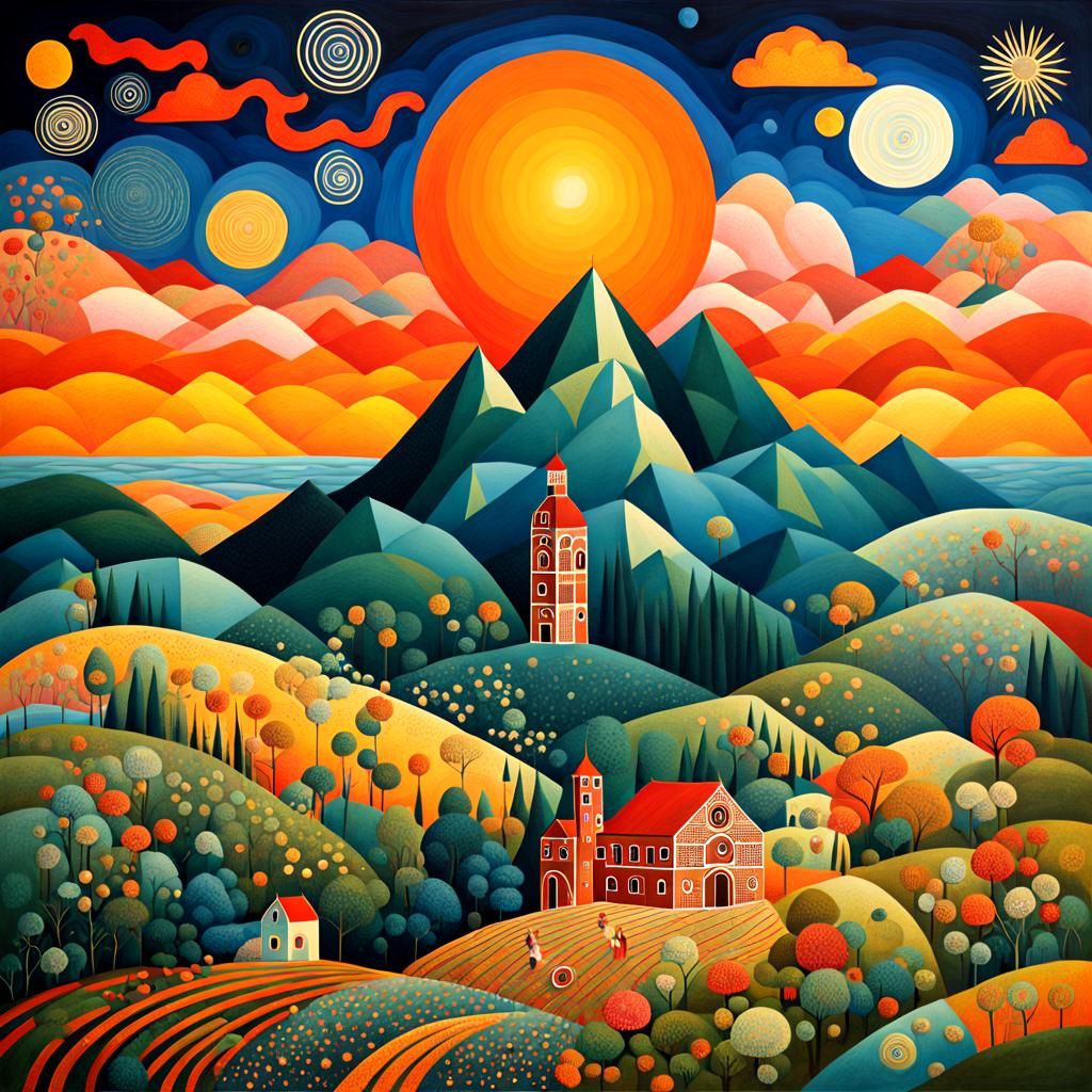 Folk Art with Isometric Abstract Elements