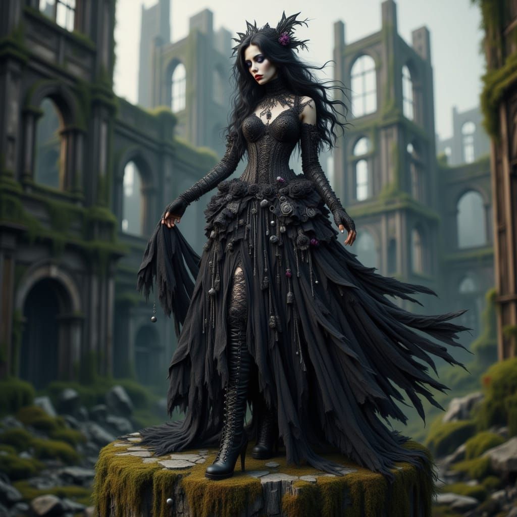 Ethereal Gothic Beauty on Ancient Pedestal