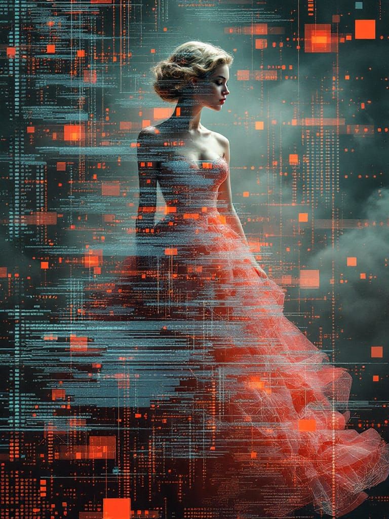 Glitch Photography of Pin-Up Woman Revealing Digital Code