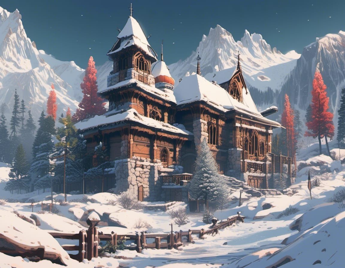 Snowy Mountain Church: Detailed Matte Painting