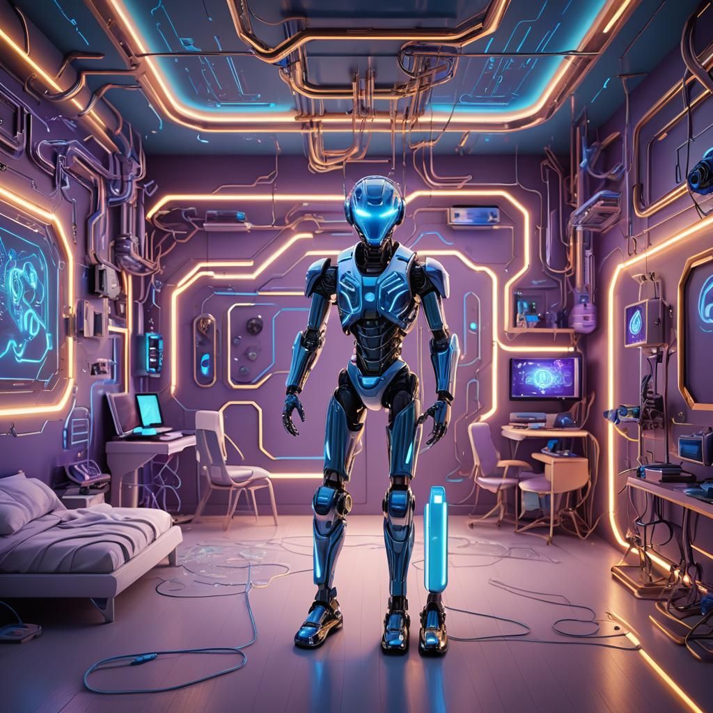 Futuristic Cyberpunk Children's Bedroom with Glowing Circuit...