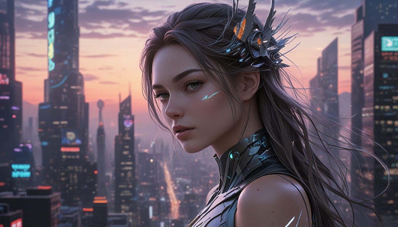 Cyberpunk Android Goddess Amidst Futuristic Cityscape