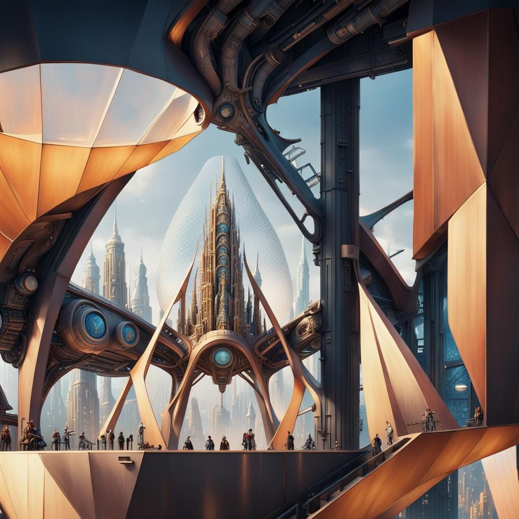 Futuristic Cityscape with Steampunk Elegance