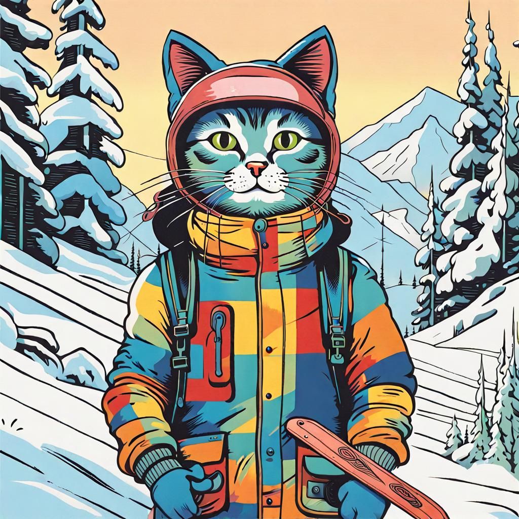 Colorful Cat Skier in Bauhaus Style