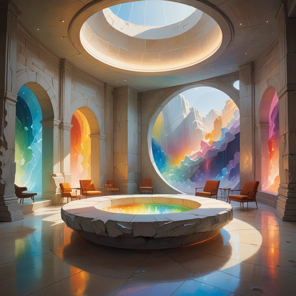 Ethereal Chamber with Geometric Rainbow Forms in Oil Paintin...