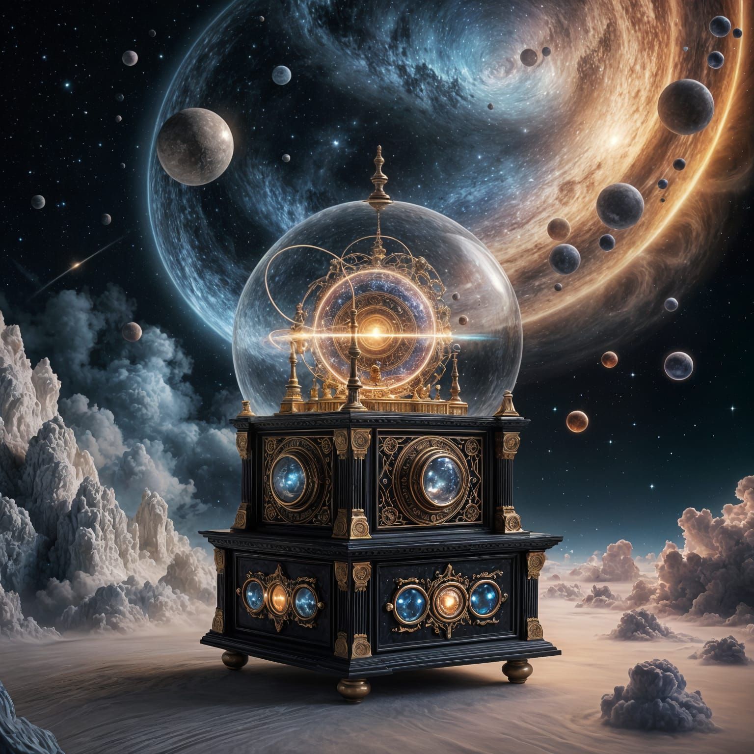 Gothic Music Box in Cosmic Portal, Ethereal Dreamscape