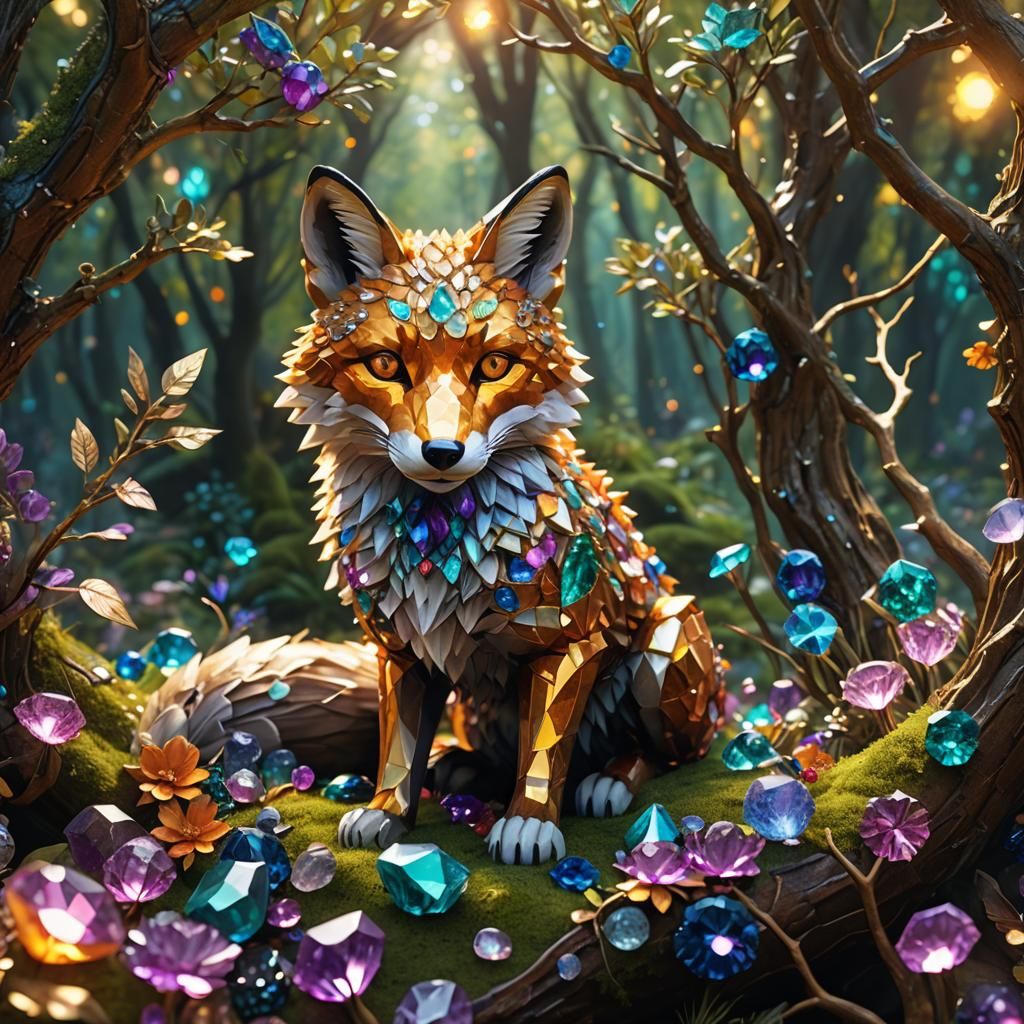 Gemstone Fox in Mystical Forest: Fantasy Concept Art