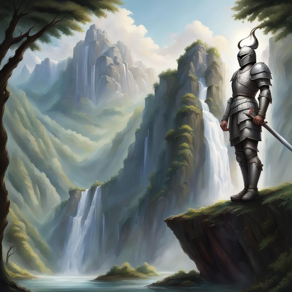 Armored Knight in Tree Pose by Waterfall