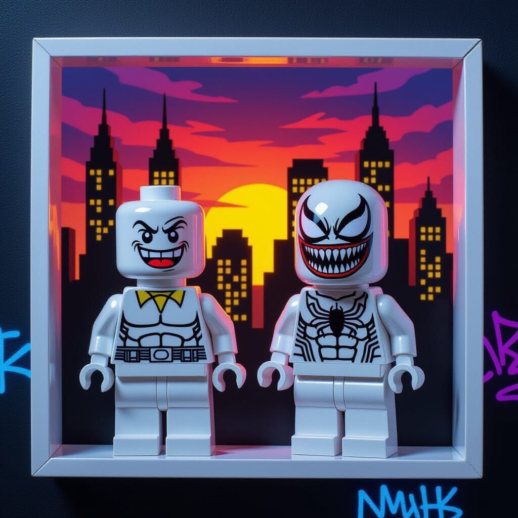 LEGO Figures in Dramatic Urban Sunset, Paper Cut-Out Style