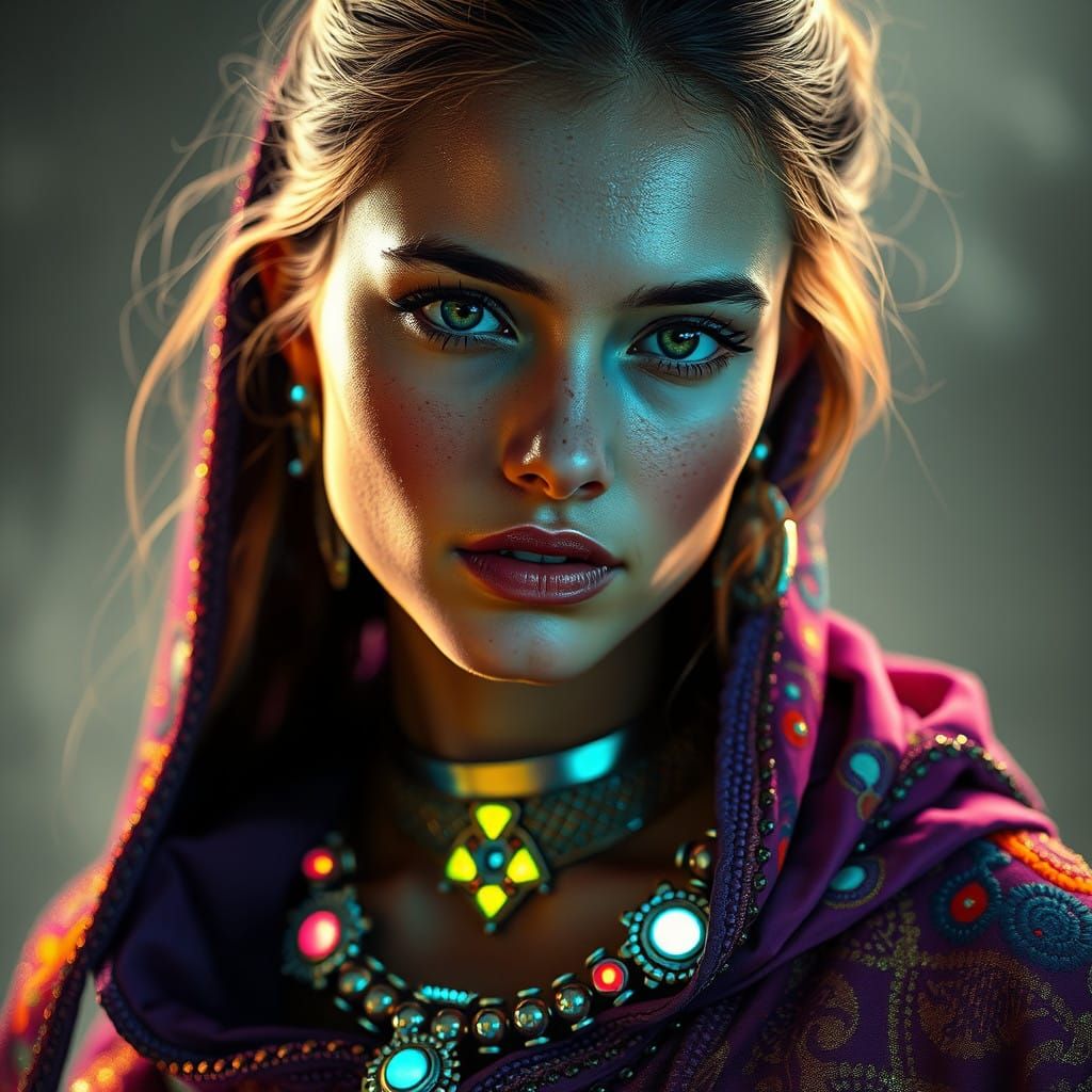 Glowing Woman in Futuristic Cloak with Iridescent Embroidery