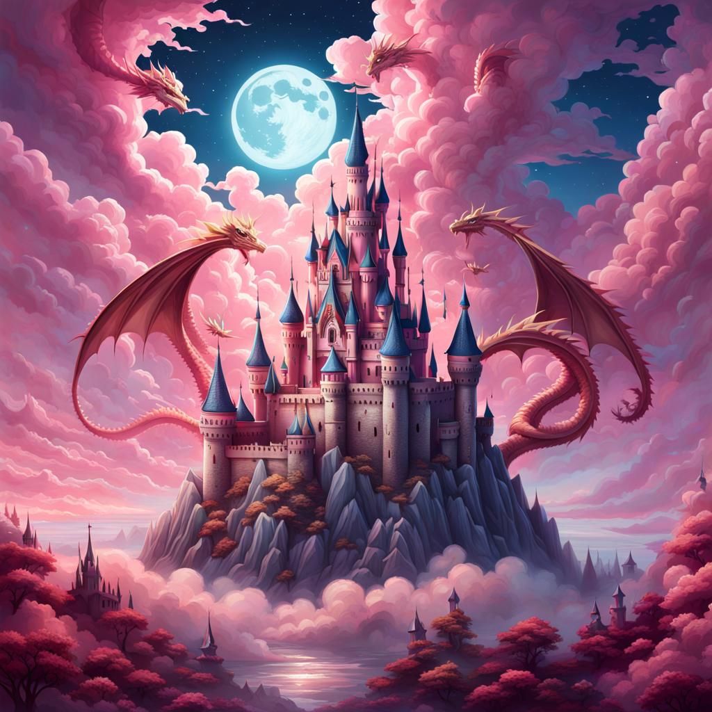 Magical Pink Castle with Dragons in Fantasy Art