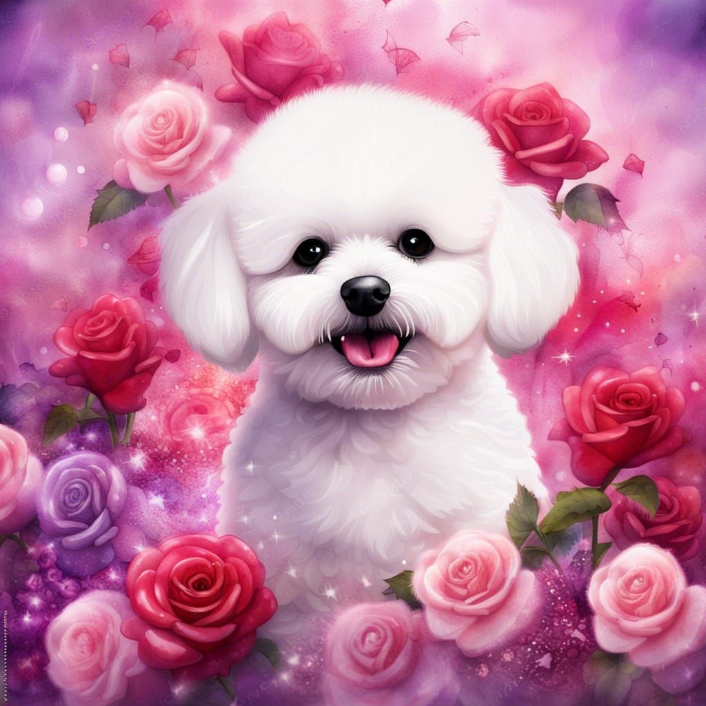 Sparkly Watercolor Portrait of Bichon Frise Puppy