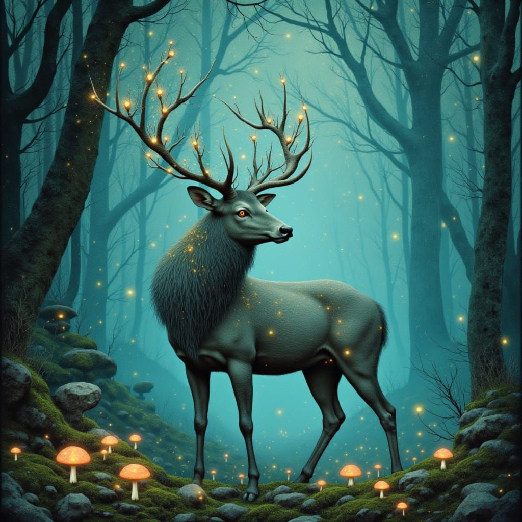 Majestic Stag with Bioluminescent Antlers in Misty Forest