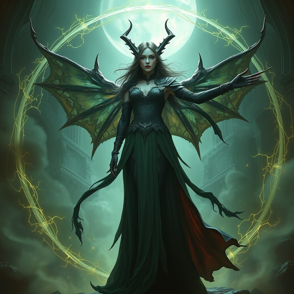 Mystical Woman Enveloped in Flames, Cyberpunk Fantasy