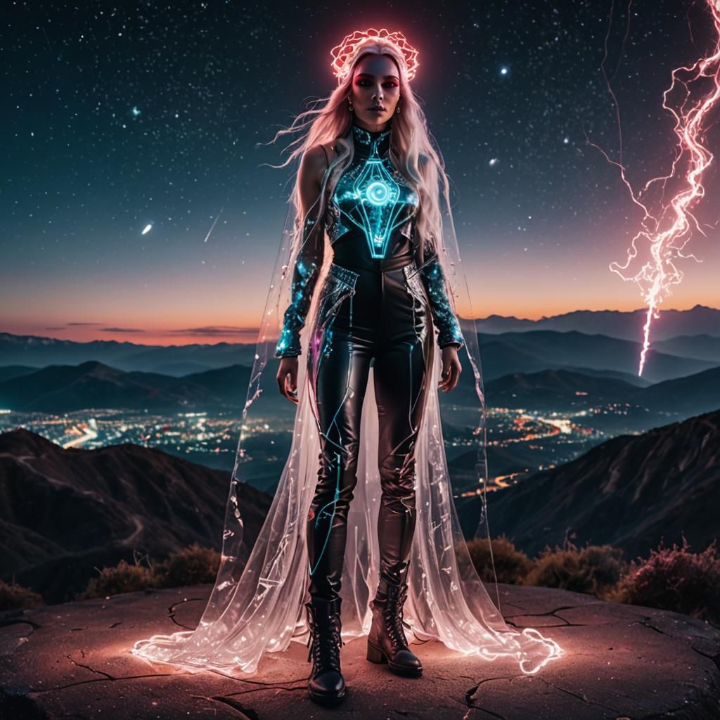 Ethereal Woman with Tesla Coil in Galaxy Night