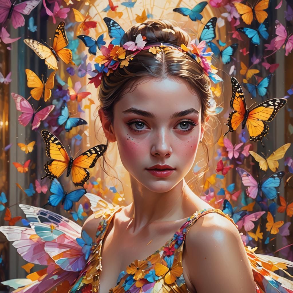 Ballerina Butterfly: Vibrant Art Nouveau Portrait