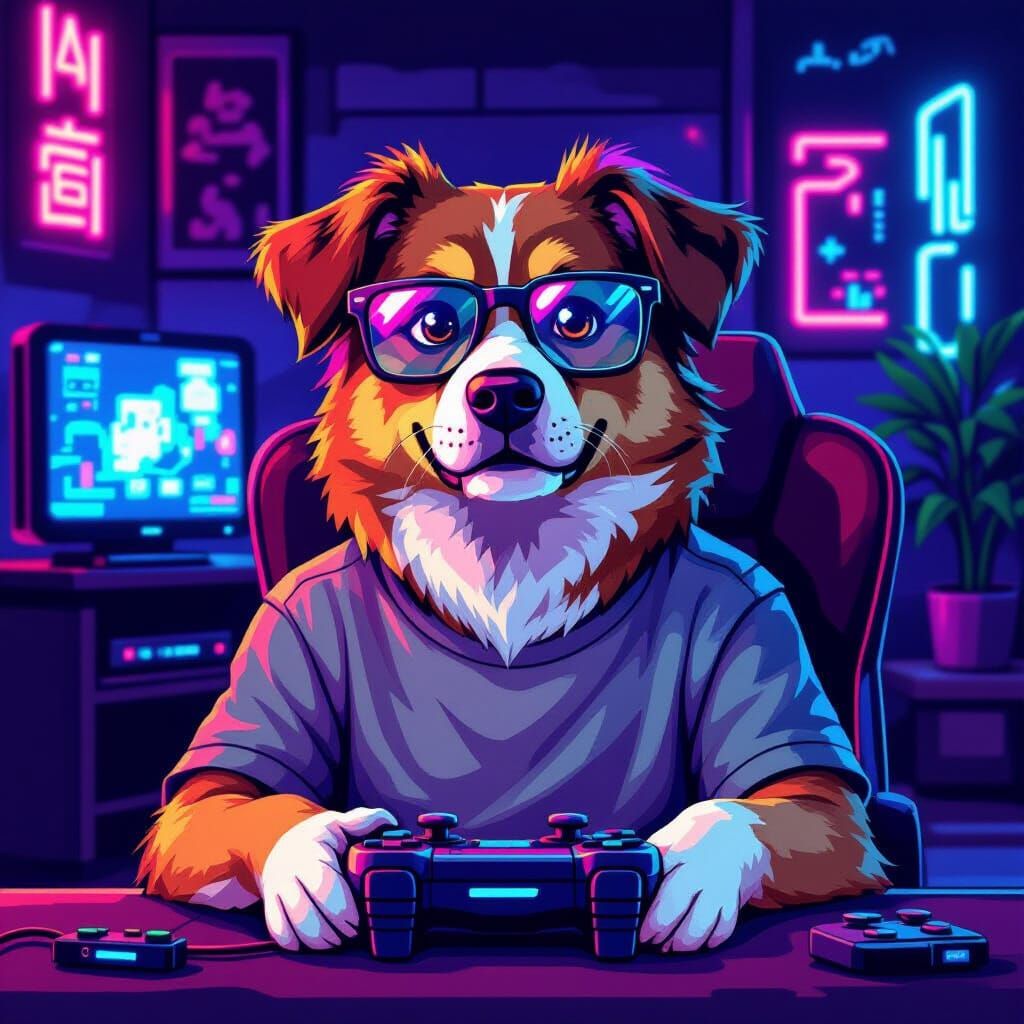 Dog Plays Video Games in Neon-Lit Room, 8-Bit Style