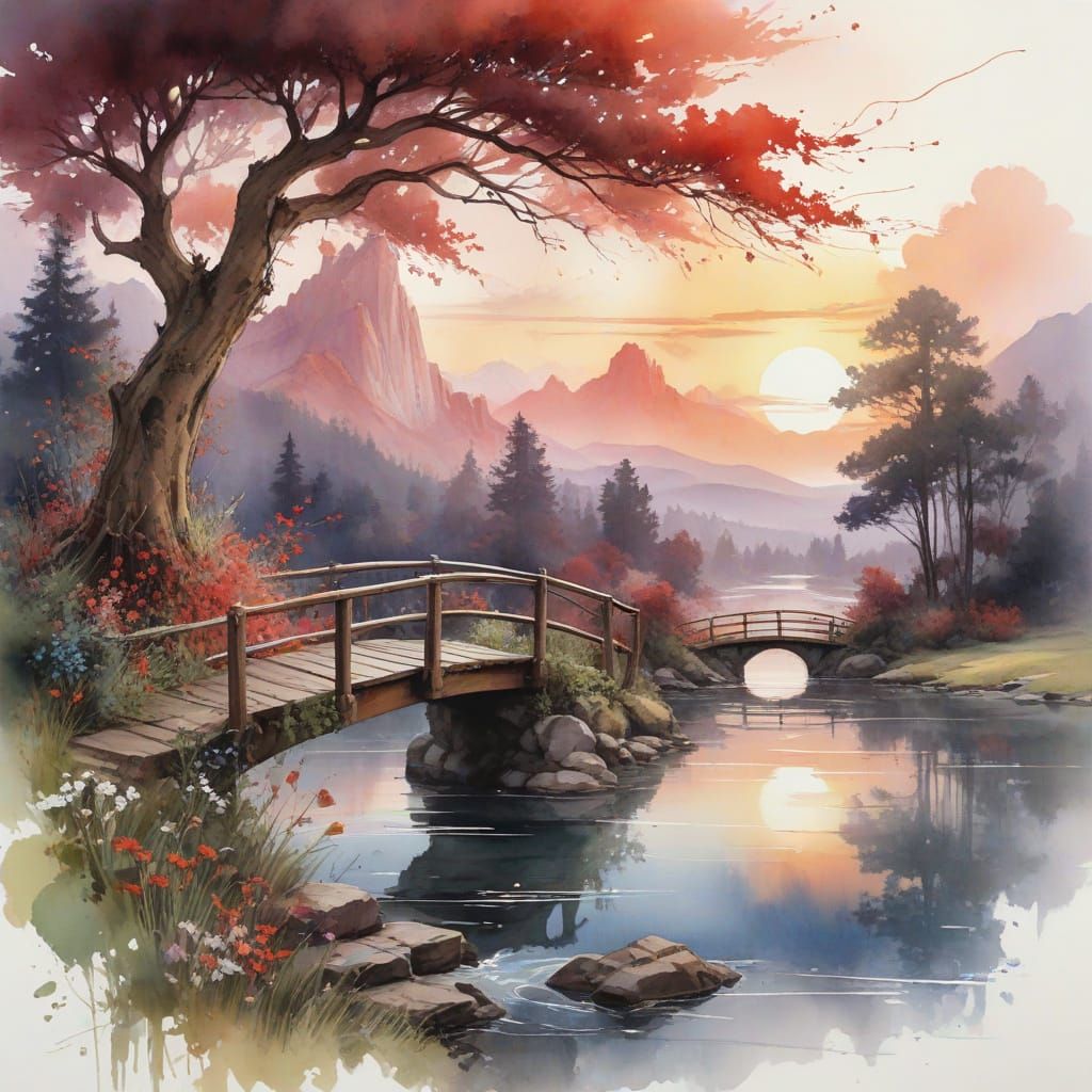 Fantastical Sunset Landscape with Mirrored River