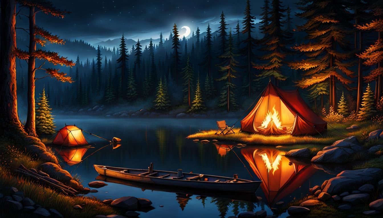Perfect Lakeside Camping Spot at Midnight