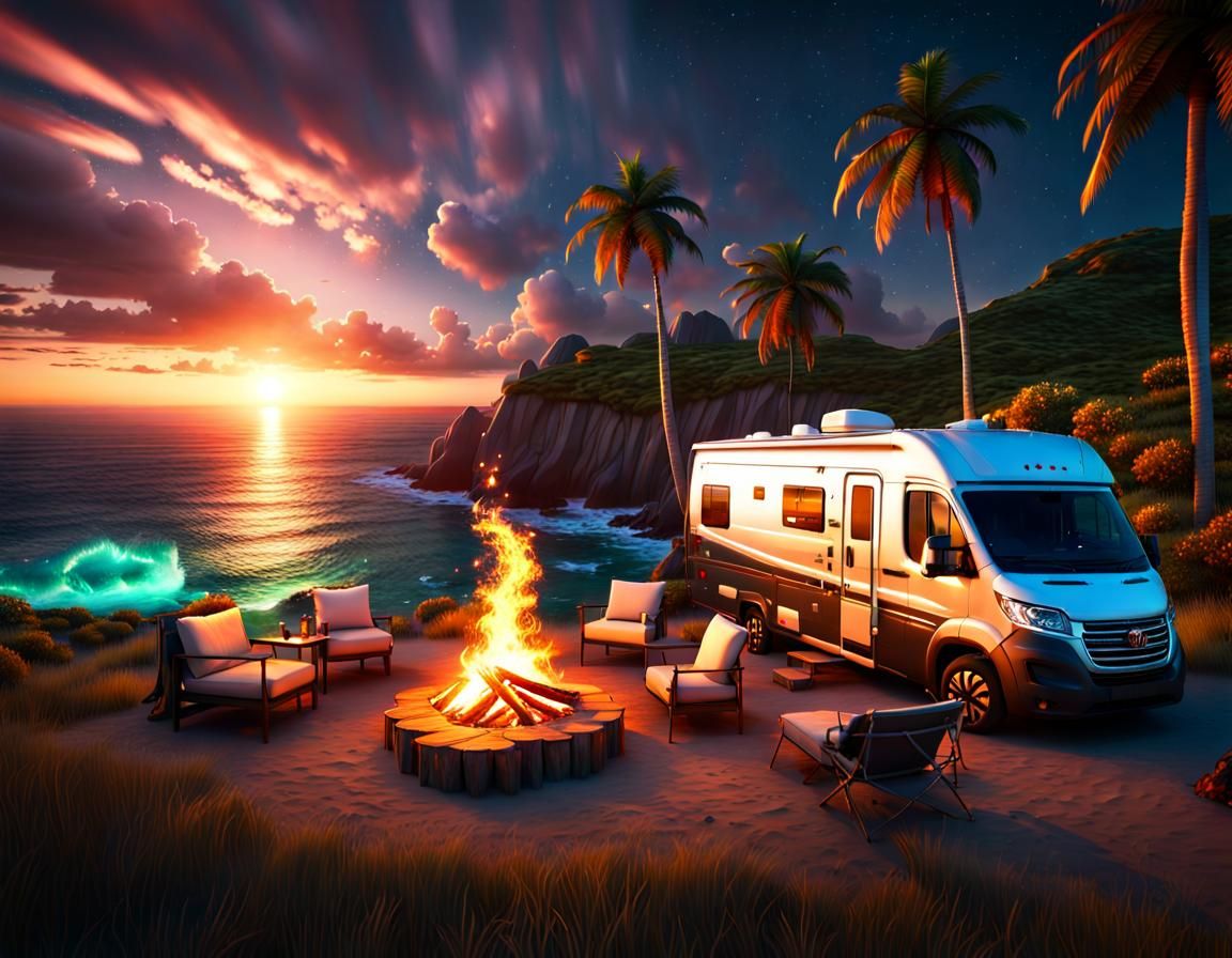 Extravagant RV Bonfire at Sunset in Hyperrealism