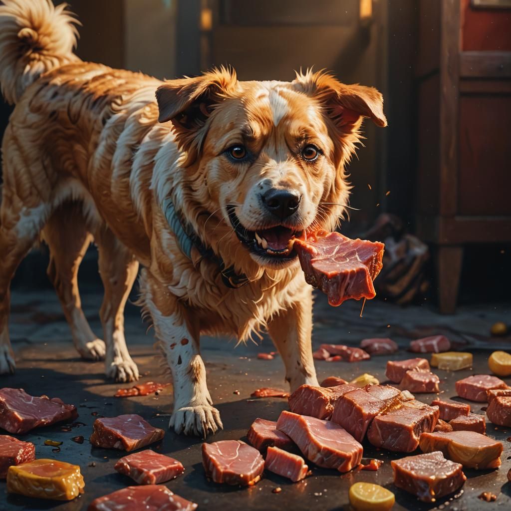 Dog Eating Meat in Hyperrealistic Style
