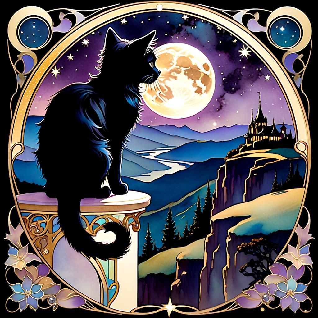Art Nouveau Kitten Overlooks Moonlit Valley