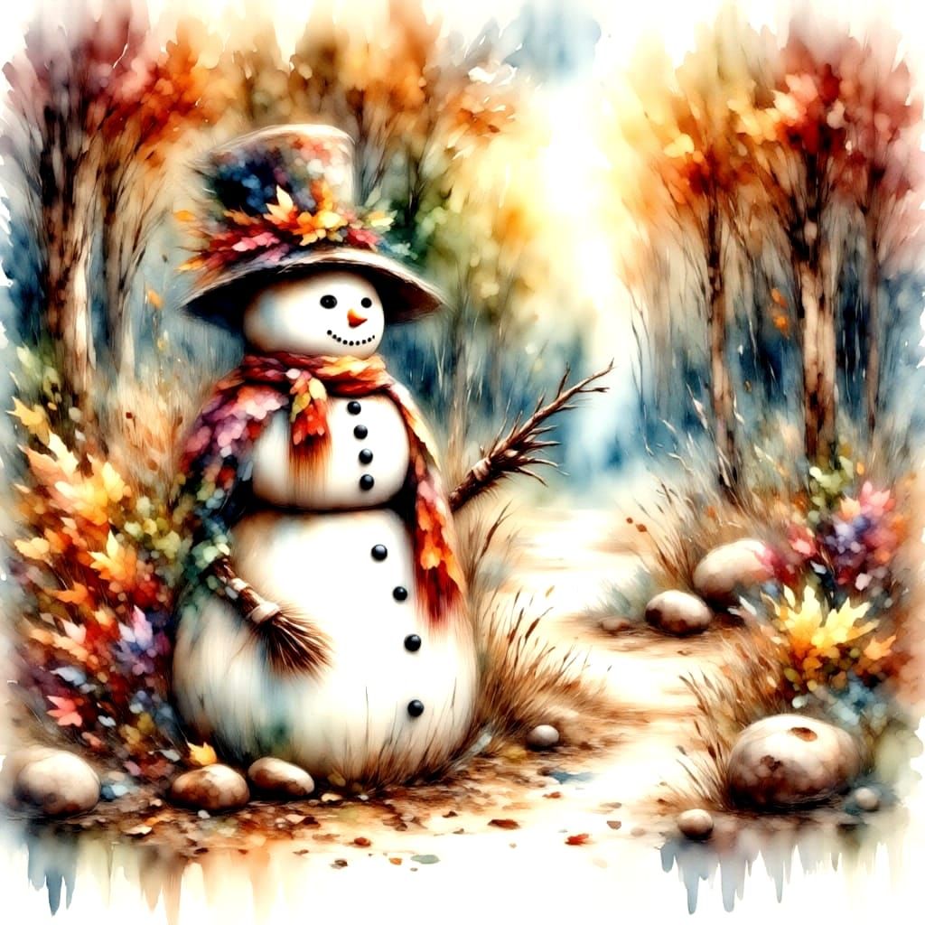 Autumn Leaf Snowman in Antique Watercolor Style