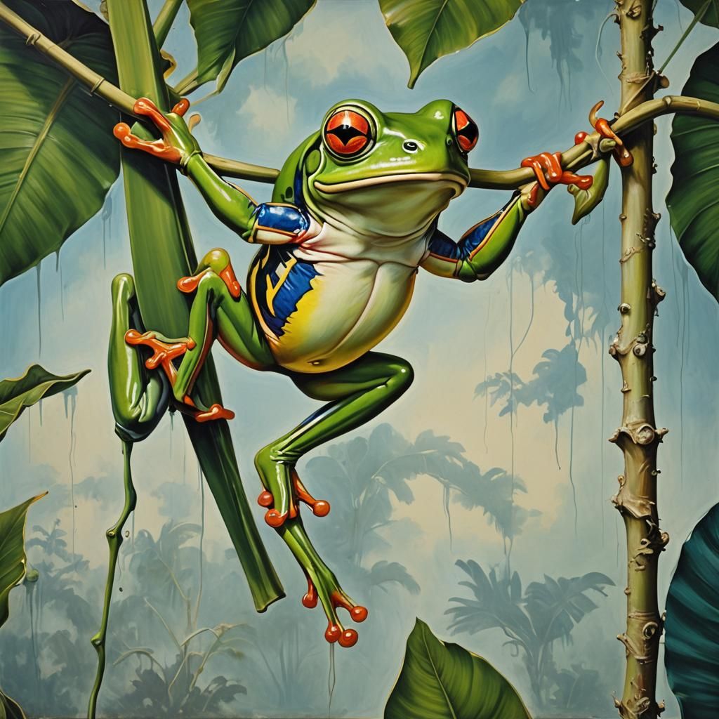 Surreal Tree Frog Swinging on Banana Leaf