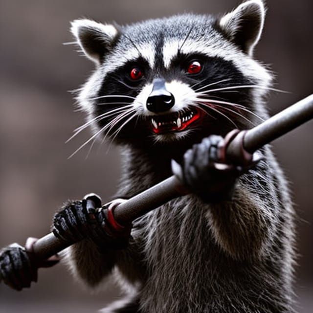 Raccoon Ninja on Dark Street with Red Eyes