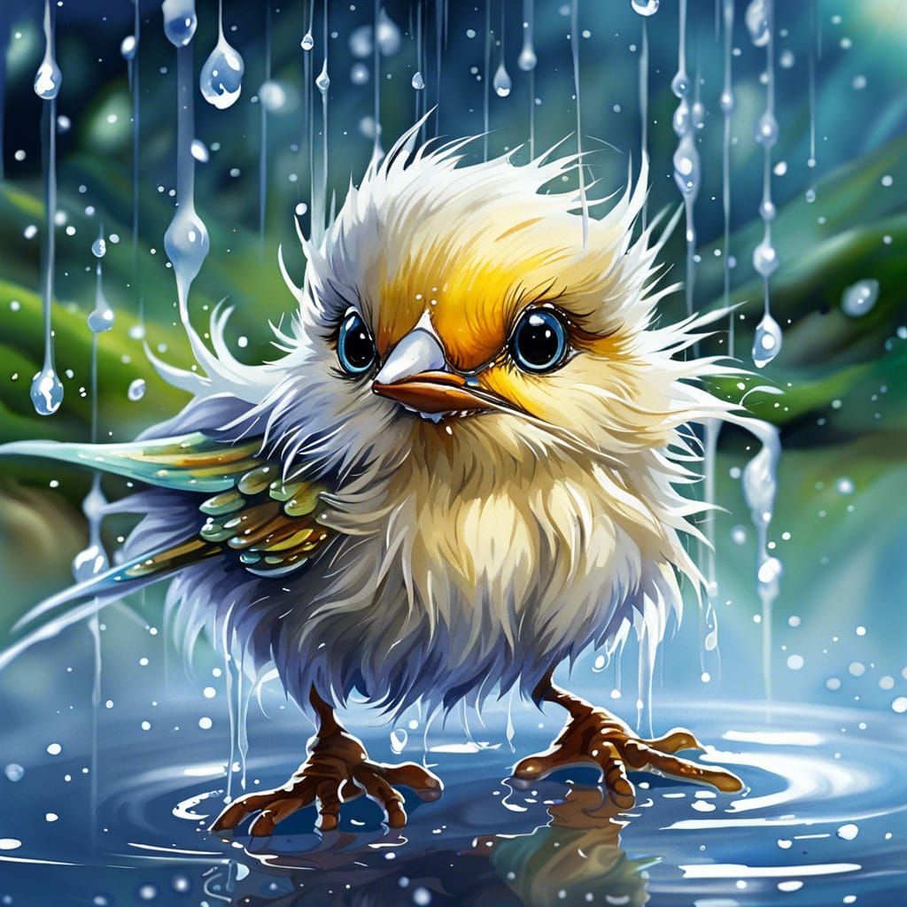 Adorable Wet Bird in Summer Rain, Watercolor Art