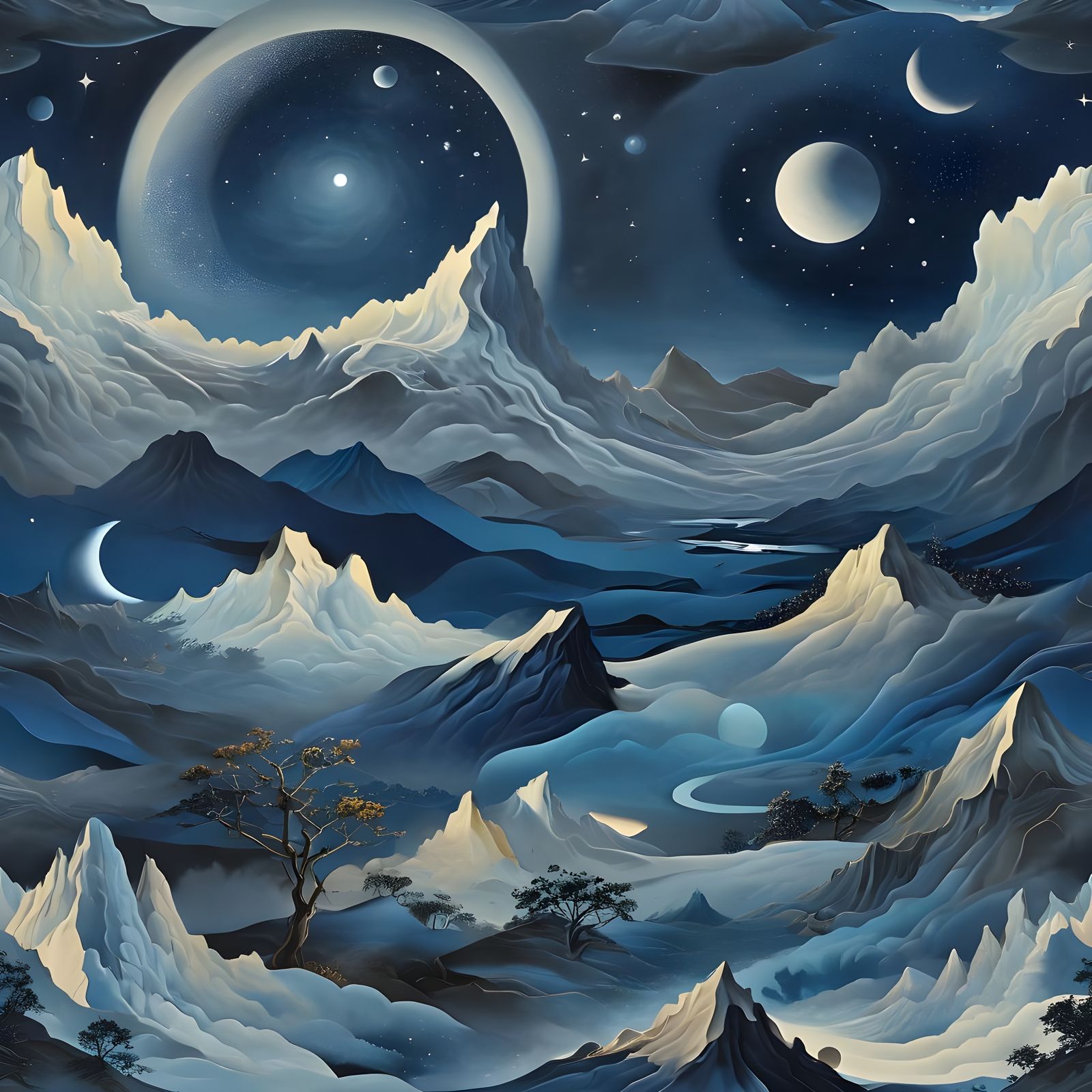 Dreamlike Moons Shimmer in Indigo Sky