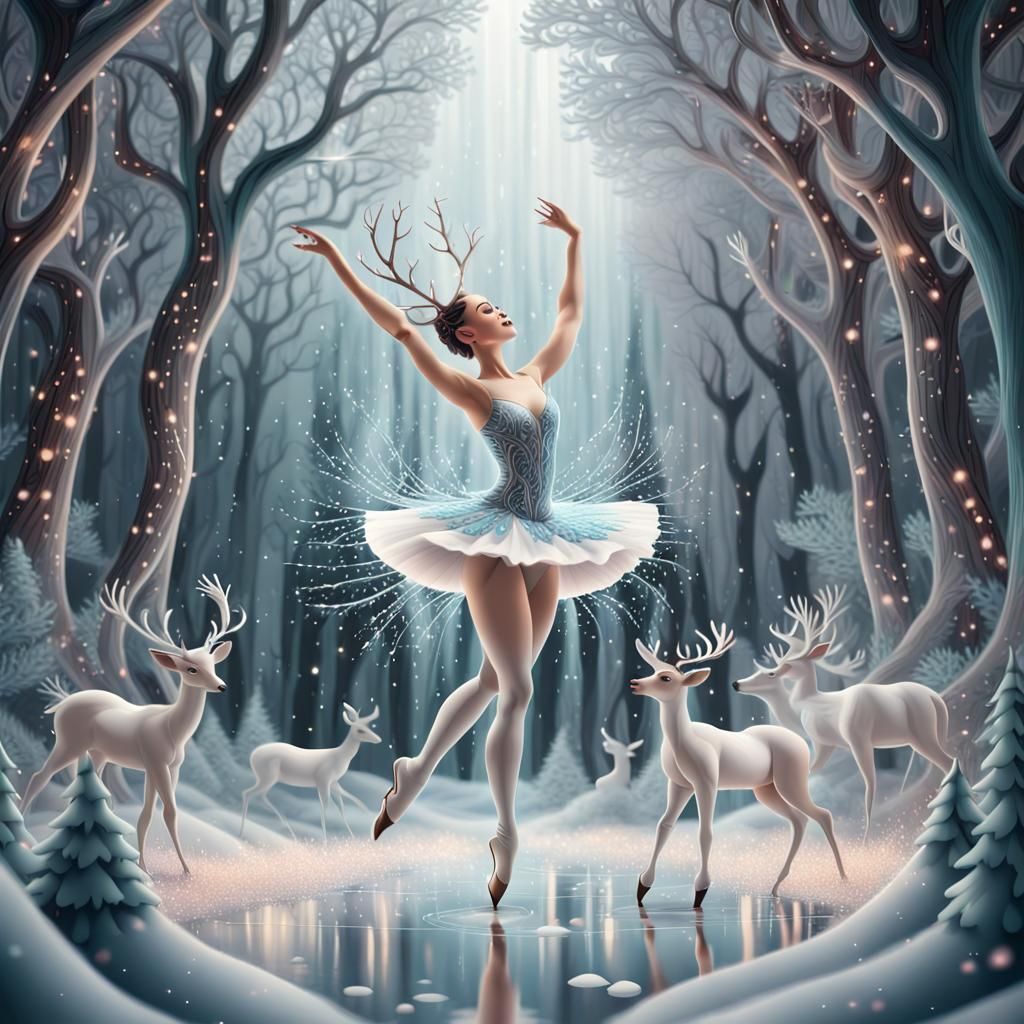Ballerina and White Deer in Bioluminescent Winter Forest