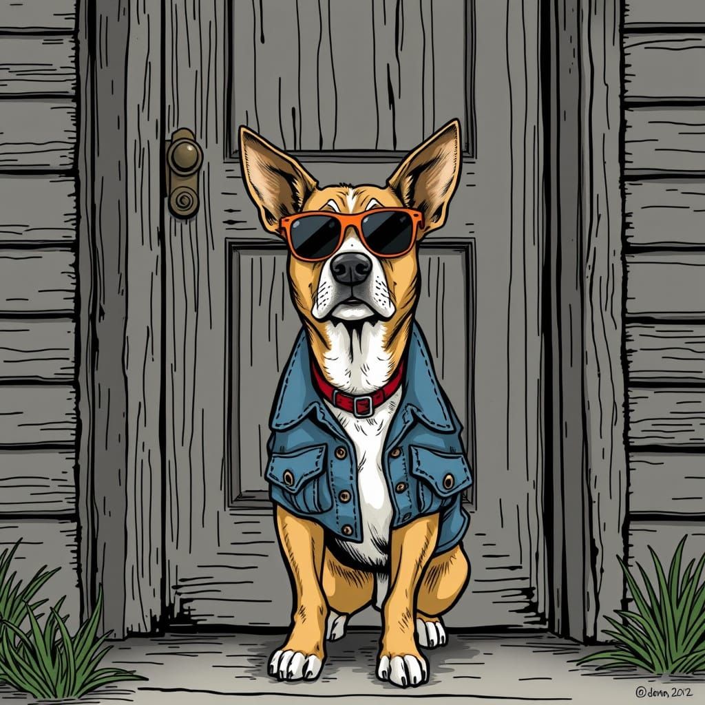 Dog Guarding Doorway in Vintage Comic Style