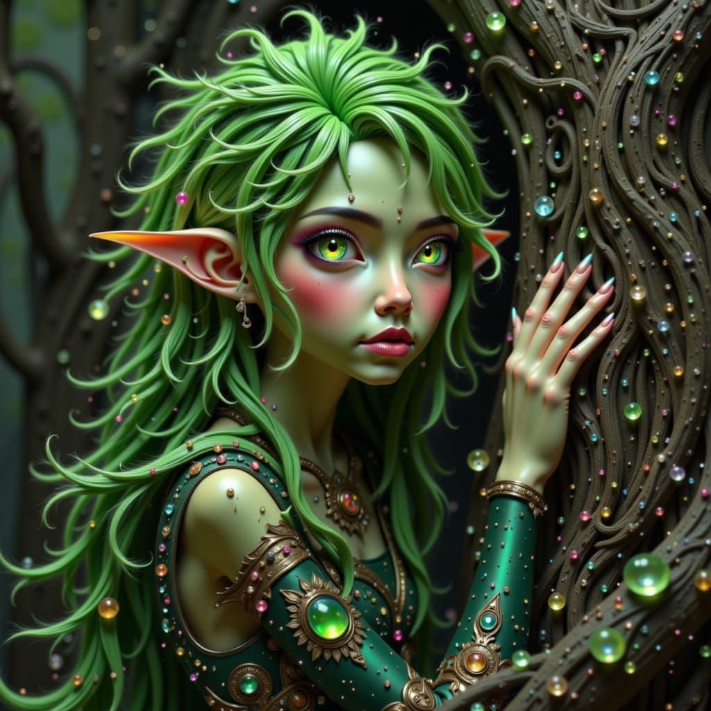 Green Elf in Ethereal Forest Landscape