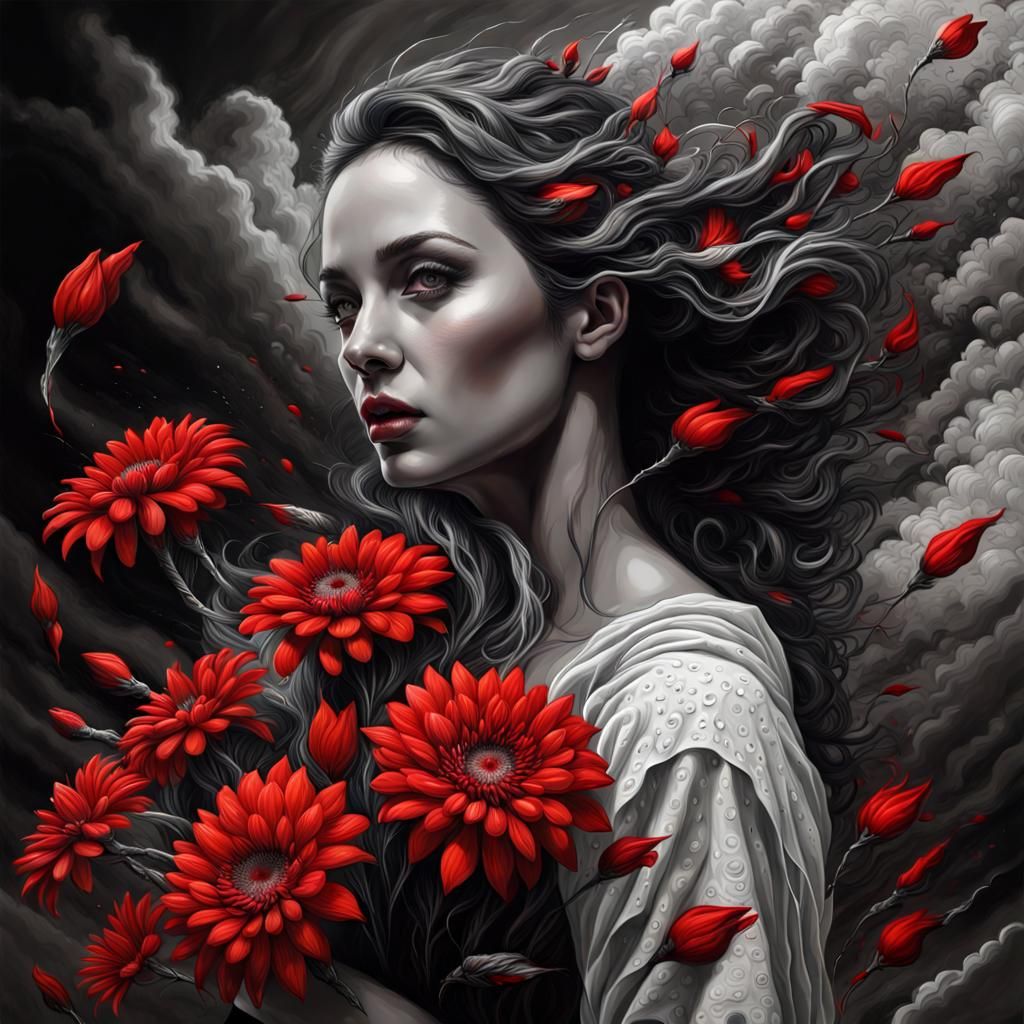 Woman with Red Flowers in Hyperrealist Style