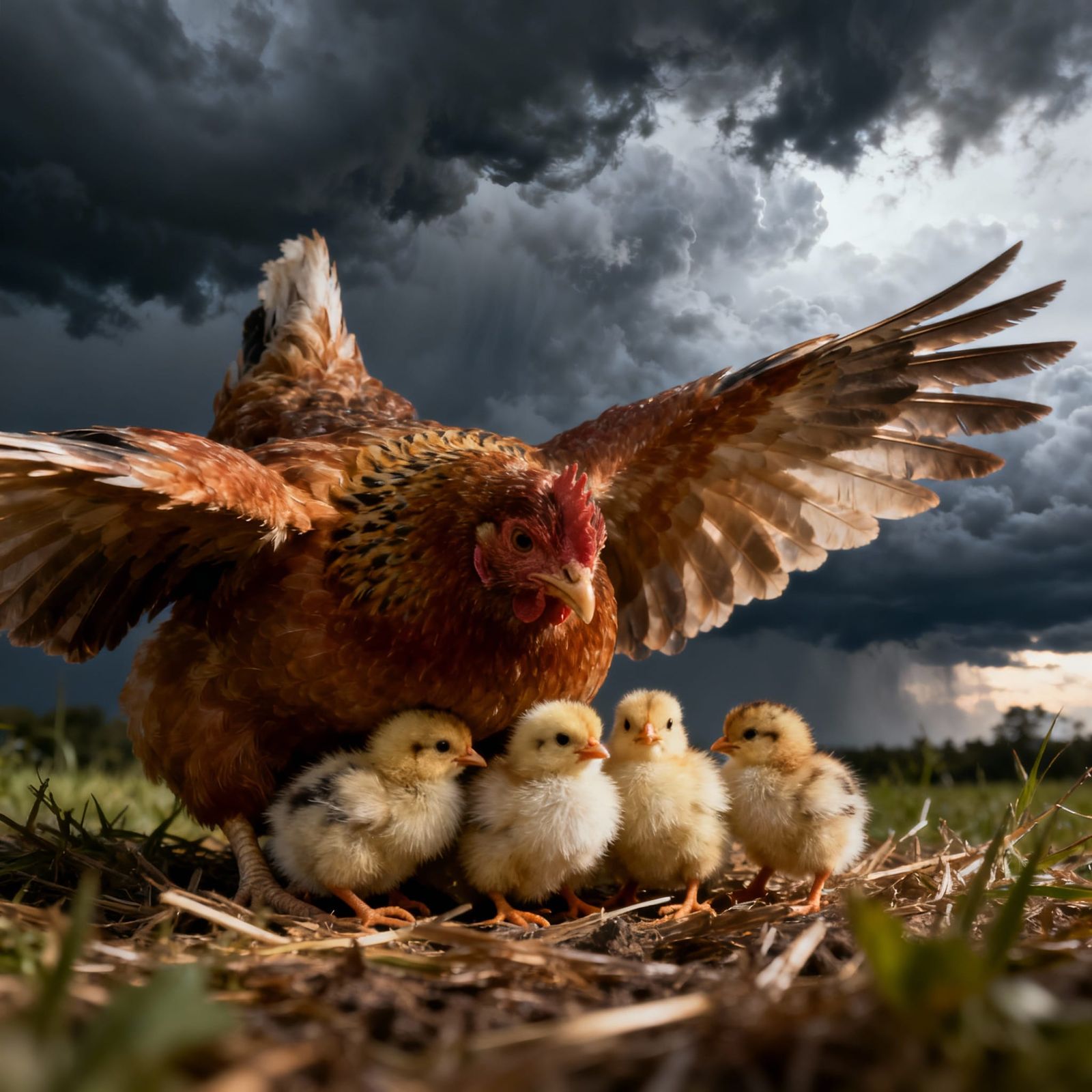 Fluffy Chicks Seek Shelter Under Hen During Storm