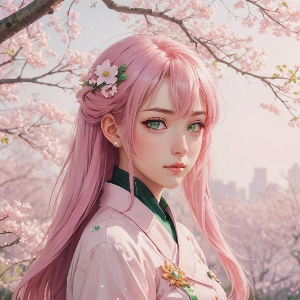 Anime Girl Portrait with Pink Hair and Green Eyes