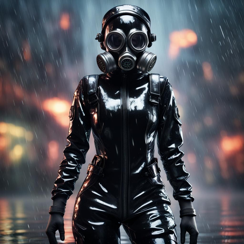 Woman in Rubber Outfit and Gas Mask in Rain